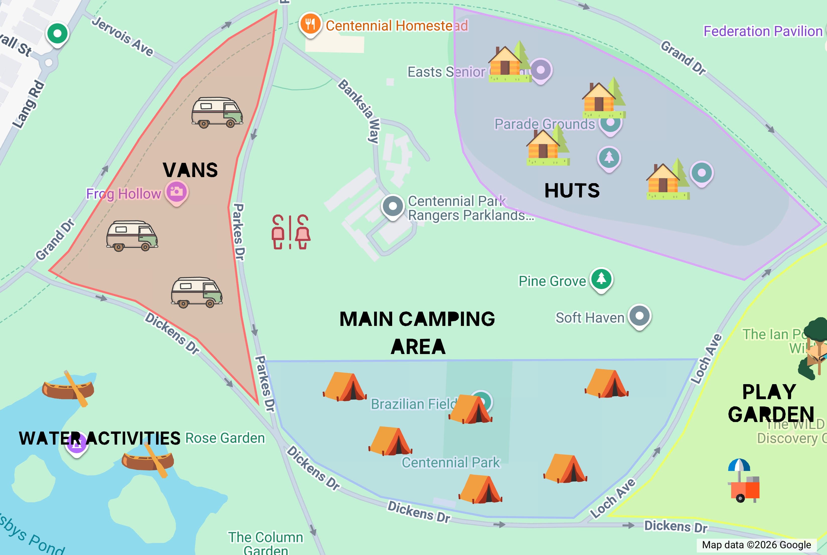 Centennial Park styled as a camping retreat, with van, hut, and tent zones marked on the real map